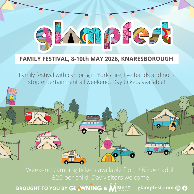 Advertisement for glampfest family festival with tents, cars, and trees on a grassy field.