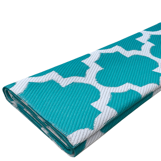Teal and white patterned bell tent matting on a white background