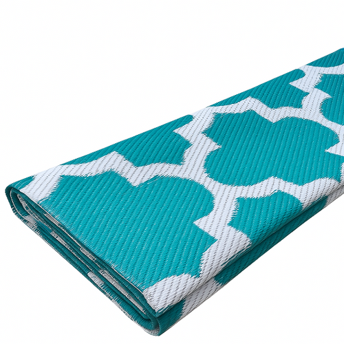 Teal and white patterned bell tent matting on a white background