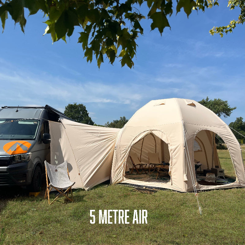 5m Glawning air tent attached as a driveaway awning to a MAN campervan