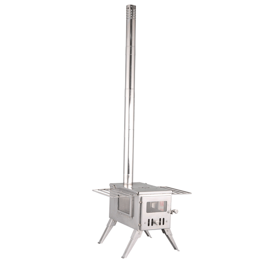 Stainless 'Glow' Stove: Portable Woodburner with Carry Bag, Racks, Flue Pieces, Spark Arrestor