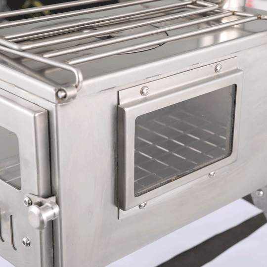 Stainless 'Glow' Stove: Portable Woodburner with Carry Bag, Racks, Flue Pieces, Spark Arrestor