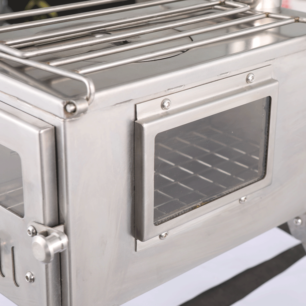 Stainless 'Glow' Stove: Portable Woodburner with Carry Bag, Racks, Flue Pieces, Spark Arrestor